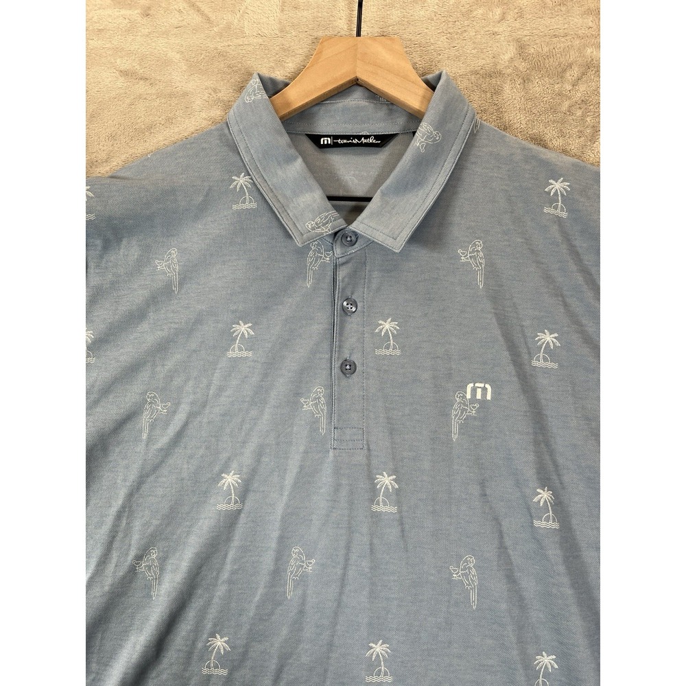 Travis Mathew Shirt Polo XXL Parrot Palm Trees Cocktails Golf Casual Blue Mens